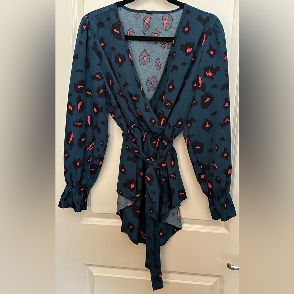 Blue Leapord Print Wrap Tunic Long Women’s Top